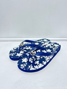 Michael Kors Navy Blue Floral Logo Charm Flip Flops Sandals Size 10